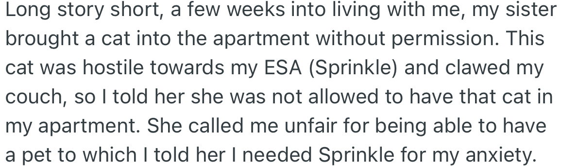 OP’s sister brought a cat into the apartment that was hostile to OP’s cat and destroyed her couch.