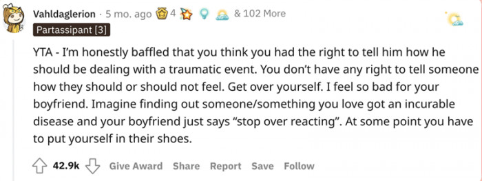 People don't have any right to tell others how they should feel and deal with trauma.