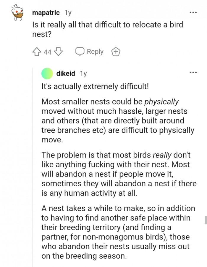 This Redditor says that it's difficult to relocate a bird's nest