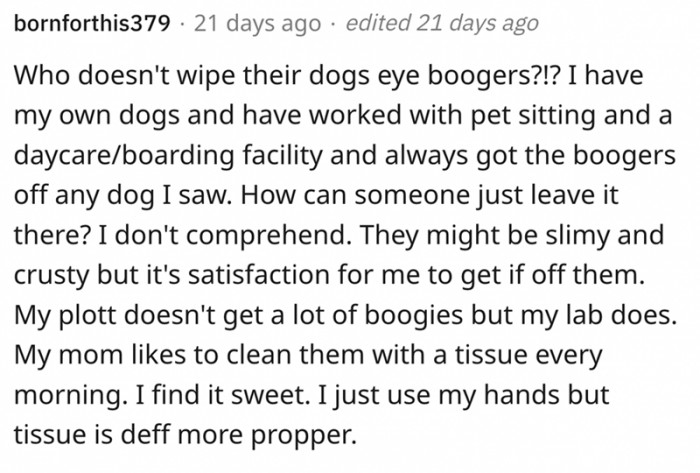 How can someone just leave a booger on their dog's eyes???