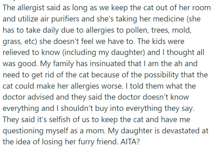 The child turned out to be allergic. The doctor said that it would be okay to keep the cat, but the extended family disagrees