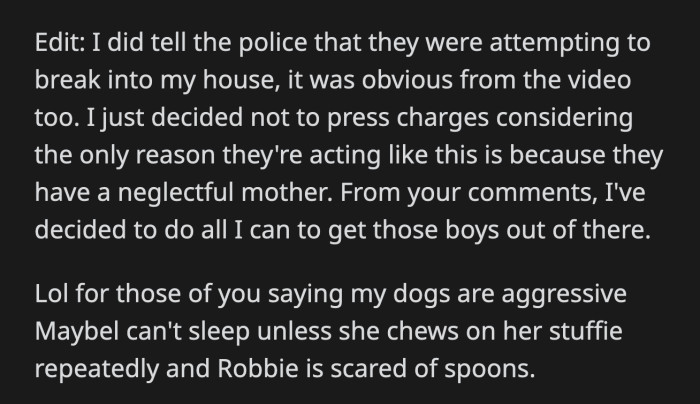 OP didn't press charges against the kids for trespassing because it wasn't really their fault that they had a neglectful parent