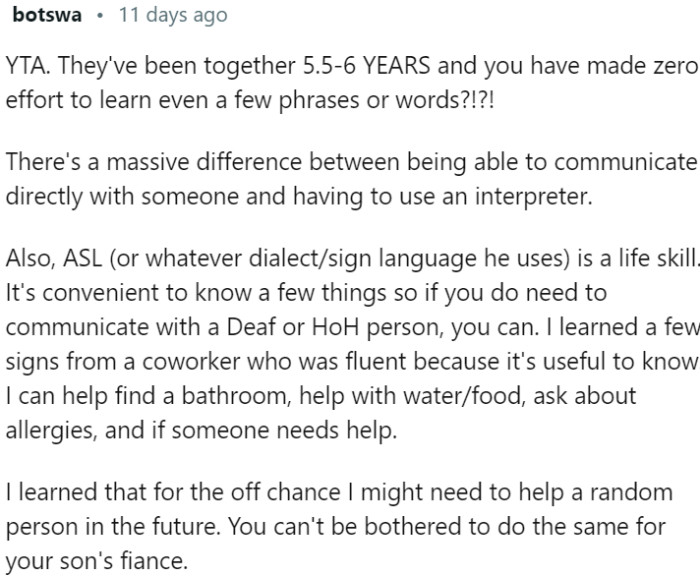OP not making any effort to learn sign language despite their son and his fiance being together for several years