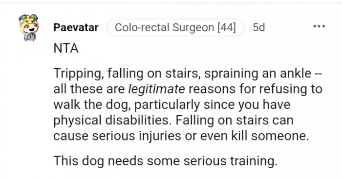 These are legitimate reasons for refusing to walk the dog