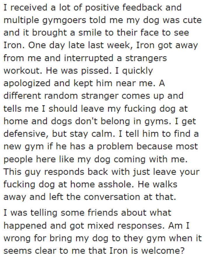 At first, some people didn't mind having the dog. But that changed when his dog ran up to a stranger working out.
