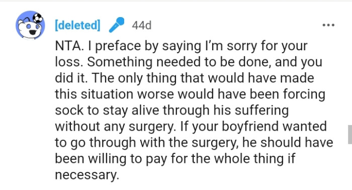 The OP's boyfriend should have been willing to pay for the entire surgery