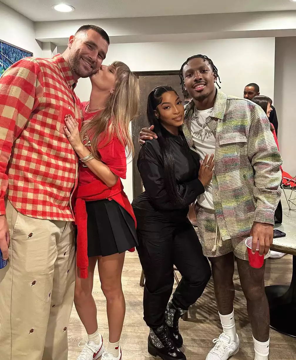 The pair was photographed hanging out with Kelce's teammate Mecole Hardman Jr. and his girlfriend Chariah Gordon.