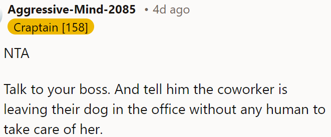 OP must inform his boss that his coworker is leaving his dog unattended in the office.