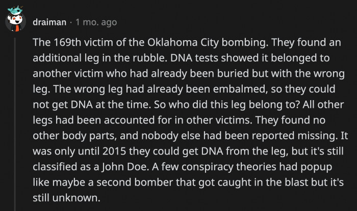 1. Is it plausible that a second unknown bomber was involved with the Oklahoma City bombing?
