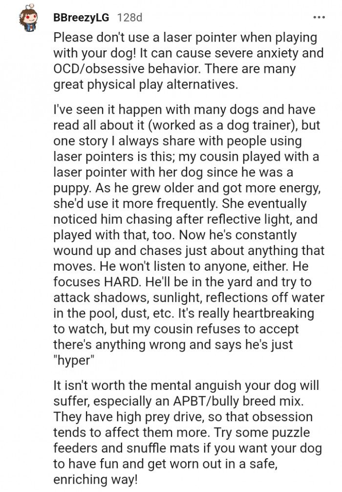 17. A whole lesson on why you should never use a laser pointer on your dog