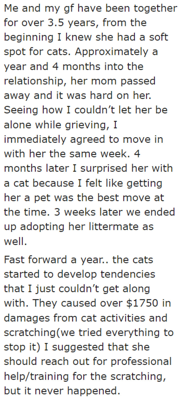 The original poster (OP) gifted a cat to his grieving girlfriend. He also moved in with her.