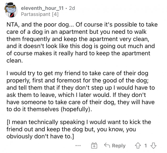 "Kick the friend out and keep the dog."