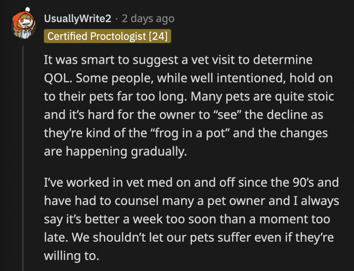 OP's hoping that the vet can help her sister face the difficult choice during the dog's annual check in January.