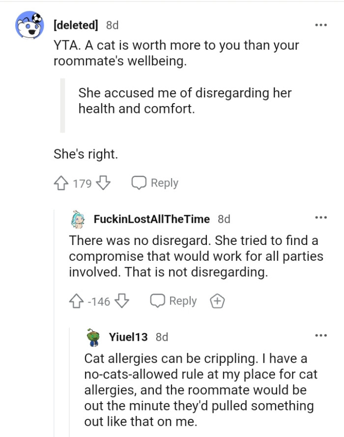 The OP's roommate's well-being should come first before a cat's