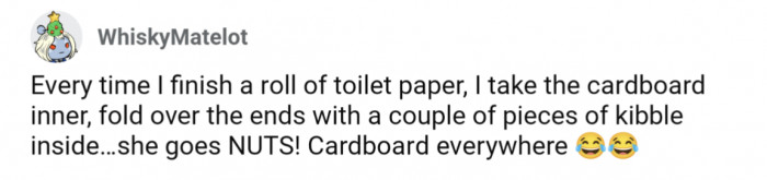 19. Repurposed toilet paper rolls as a treat dispensing toy