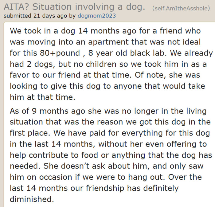 The OP took in the dog's friend because she had to move to a home that doesn't allow dogs.