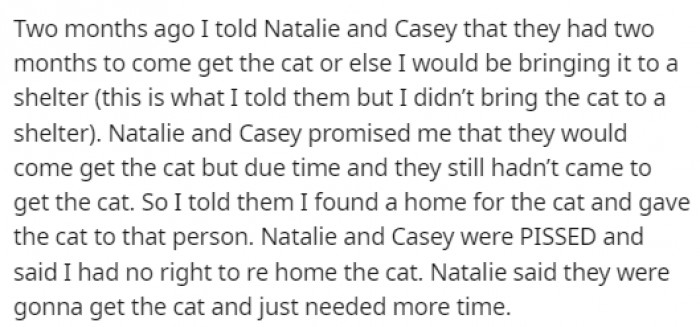 She told her daughters that they had two months to come get the cat, or it would end up in a shelter.