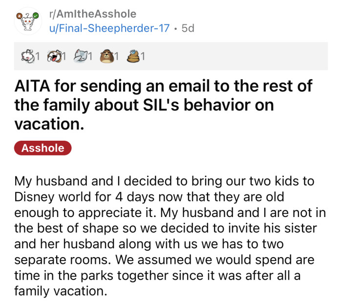 The OP asked if she is an a**hole for emailing her family about her SIL's behavior on vacation.