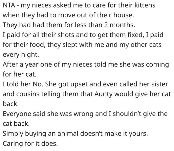 21. The one who cares for a pet owns it, not the one who bought it.