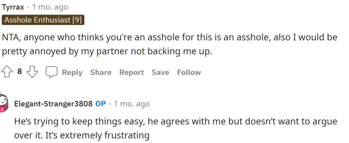 We understand not wanting to argue, but rules are rules, and the parents are OP's partner's, not OP's parents.