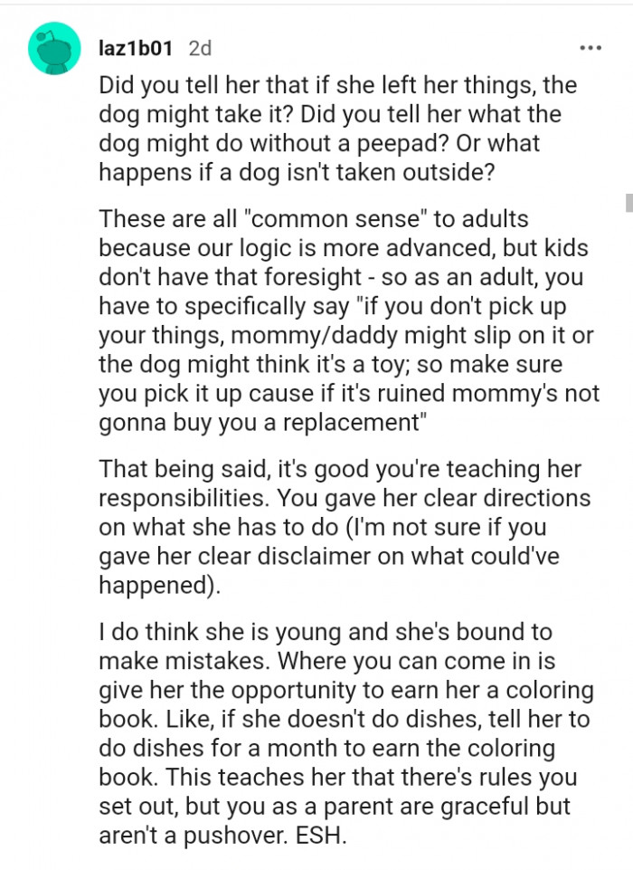 It is good you are teaching her responsibilities