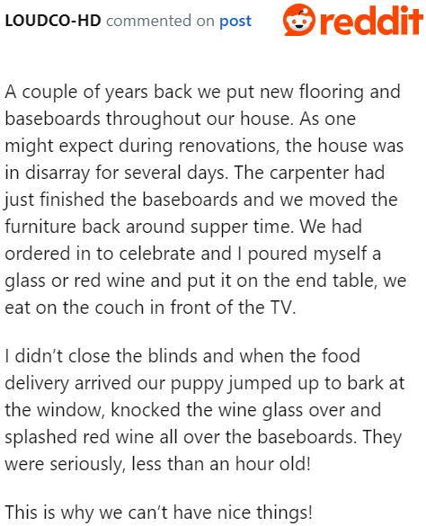 While this didn't involve dog diarrhea, like the OP, they still had to deal with their dog's mess on brand new flooring.