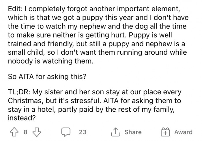So, the woman decided to ask the Reddit community for advice.