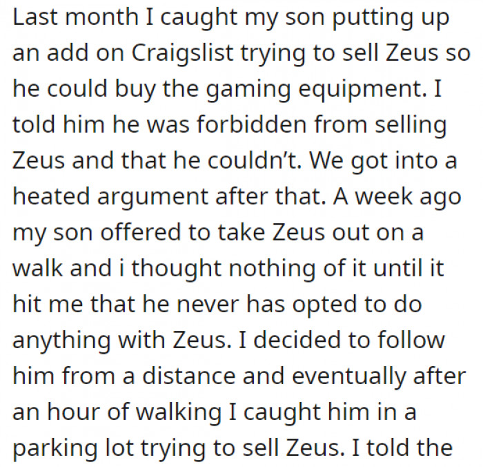 Apparently, the son took matters into his own hands by trying to sell the dog to have the money to buy the gaming equipment he needed. He caught his son putting the dog up on Craigslist—and weeks later, he suspiciously offered to take Zeus out for a walk for the first time.