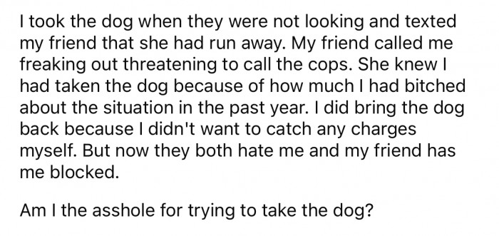OP eventually gave the dog back but was still unsure about her actions.