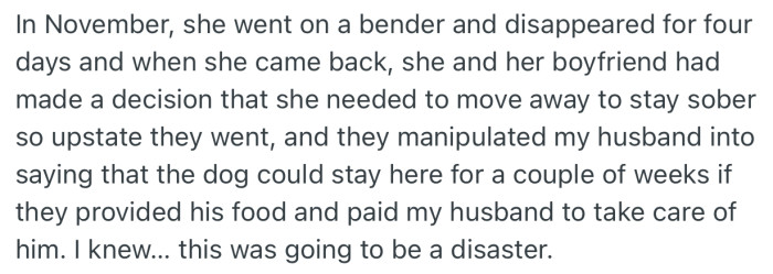 OP’s sister ended up leaving her dog with them with an agreement that she would provide food and pay OP’s husband to cater to it for a couple of weeks
