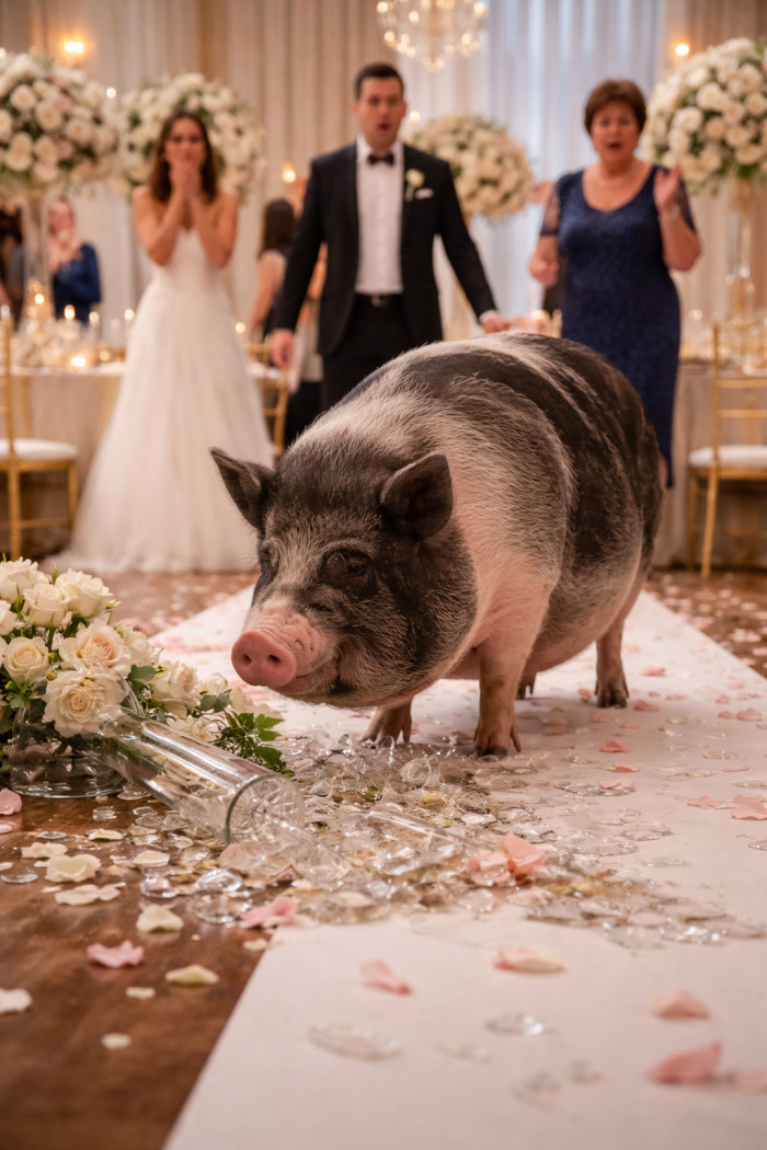 Despite being told no, the mom showed up late to the wedding—with the pig in tow.