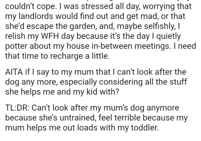 OP wants to tell her that she can’t look after the dog anymore, especially since she helps her and her kid