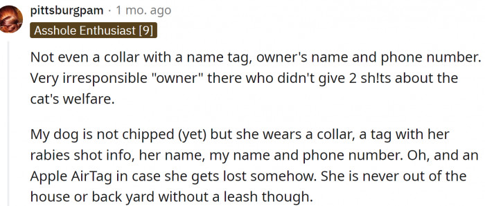 The cat wasn't chipped and didn't have a collar... That's one very irresponsible cat owner.