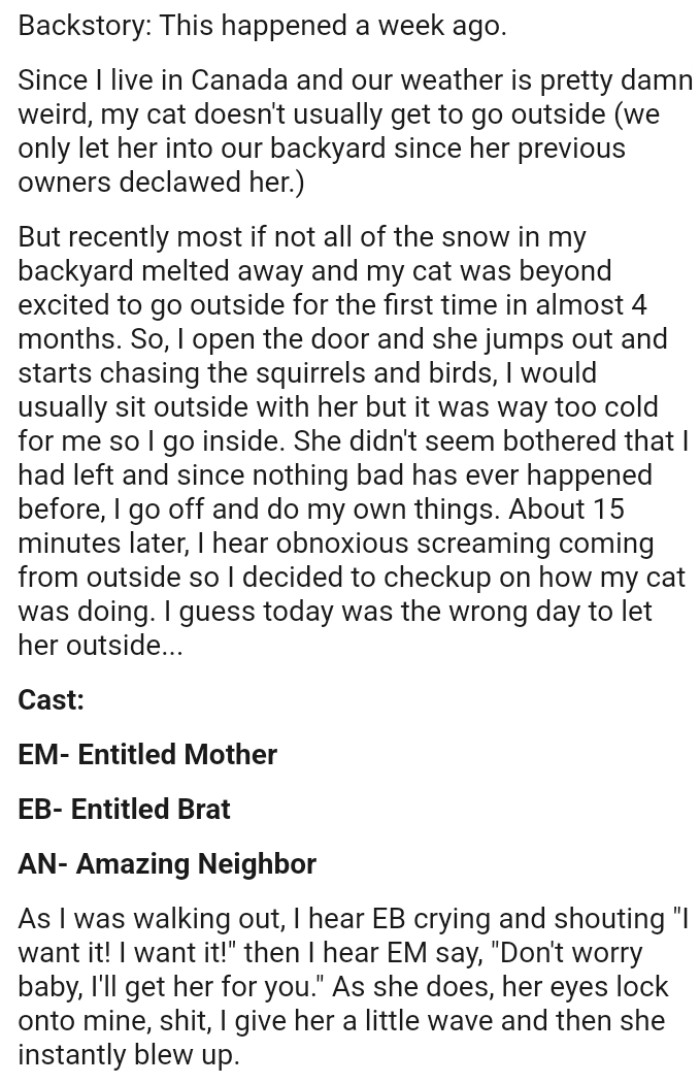 The OP opens the door and her cat jumps out and starts chasing the squirrels and birds