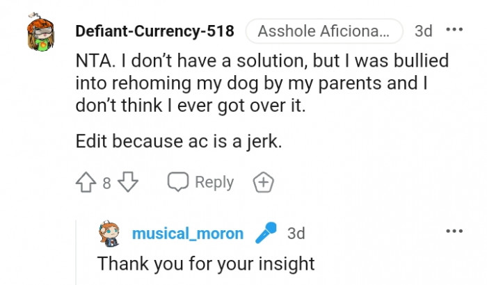 3. This commenter was bullied into rehoming the dog