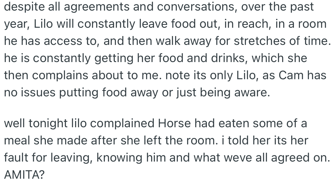 One of OP’s roommates (Lilo) has constantly left her food and drinks unattended, giving Horse the opportunity to eat them.