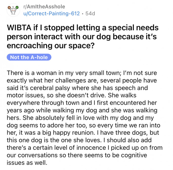 The OP shared a story about a woman with special needs who lives in her neighborhood.