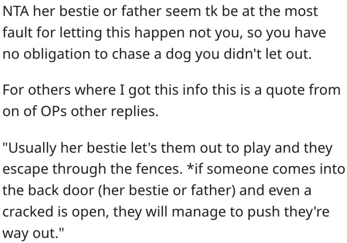 20. She's not obligated to chase a dog she didn't let escape.