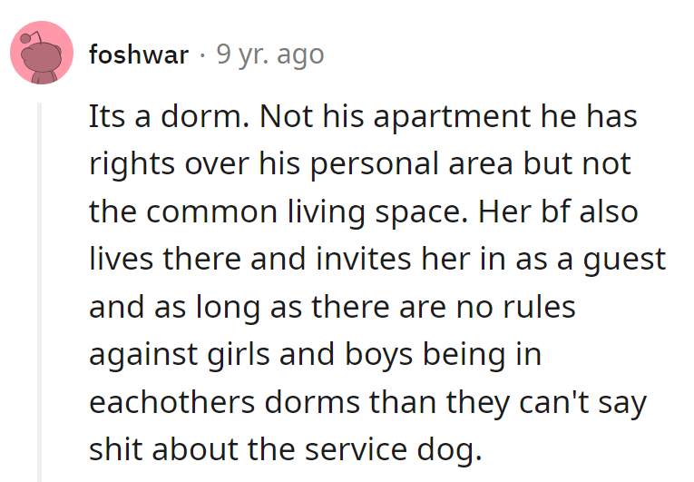 Dorm decorum: No rules against girls and boys, no room to bark about the service dog.