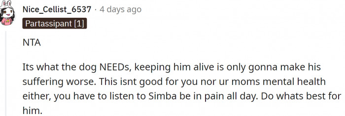 Redditors believe OP should do what's best for the dog.