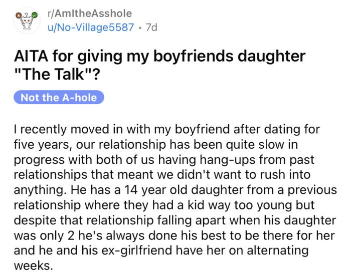 The OP asked if she's an a**hole for giving her boyfriend's 14-year-old daughter 