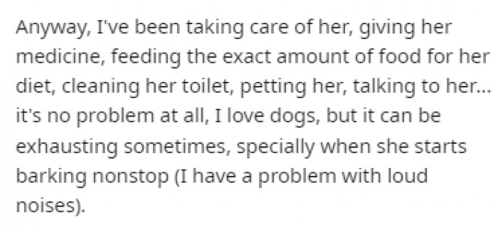 OP was taking care of her and providing her with everything needed, but the nonstop barking would drive him crazy.