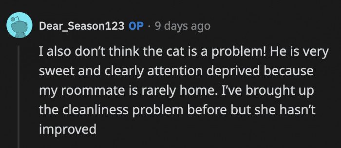 It's not the cat's fault that his owner is irresponsible despite the issues that have already been brought to her attention