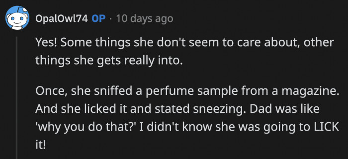 OP's dog got too eager and licked a perfume sample from a catalog and proceeded to sneeze