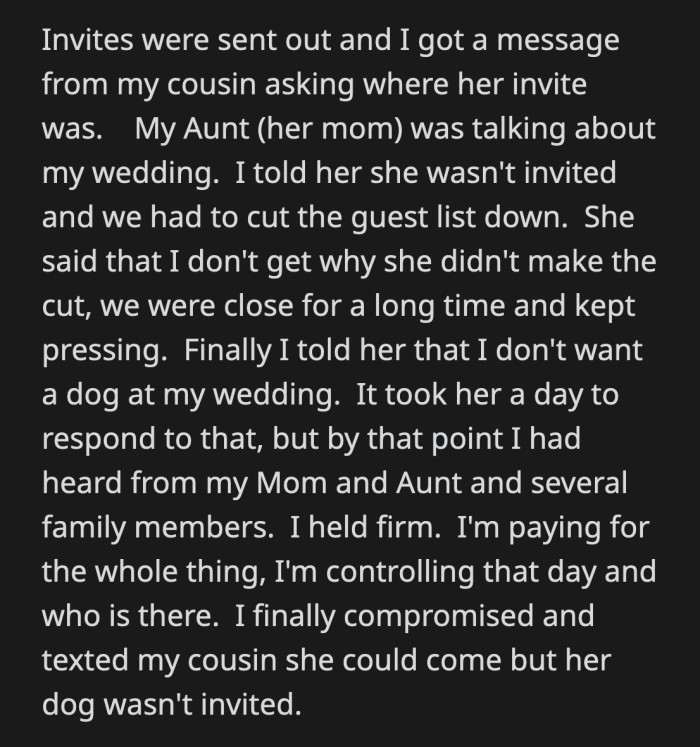 OP finally told her that she is free to come to the wedding, but she can't bring her service dog with her.