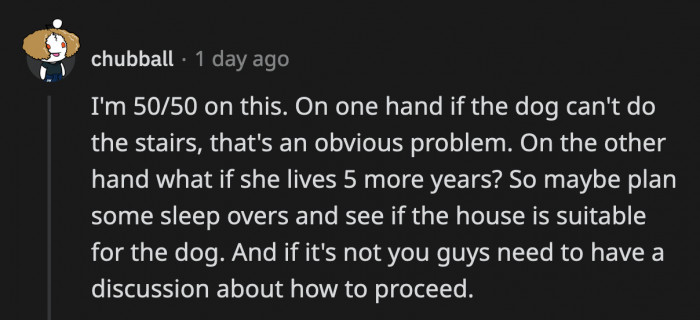 OP and her BF can do a trial just to see how the dog fares after her health scare