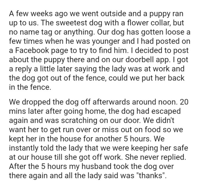 The OP didn't want her to get run over or miss out on food