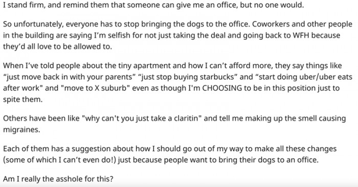 OP's boss was not willing to help her out, and her coworkers gave her advice on how she should suck it up. According to them, she should fill up on antihistamines, and that would solve all problems.