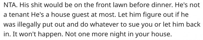 18. She should kick him out tonight.