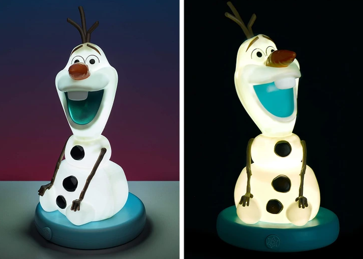 6. Here's another night light inspired by the charming Olaf. It serves as a perfect soothing light for a child's room or can be placed on a table or bookshelf to create a festive mood. The high-quality design of this light is detailed, featuring buttons, twigs, and even Olaf's signature carrot nose!